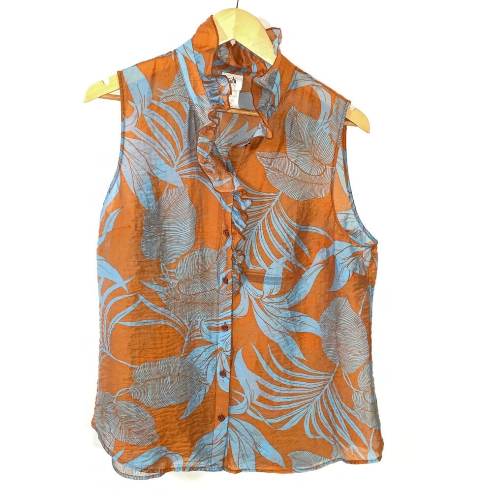 CAbi Ruffled Sleeveless Top w/ Leaf Print - Women's Size L